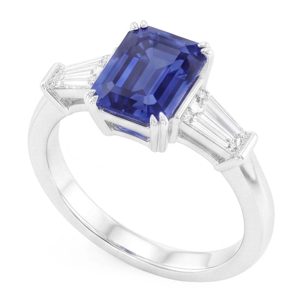 Three Stone Ring Emerald Shaped Srilanka Sapphire 2 Carats