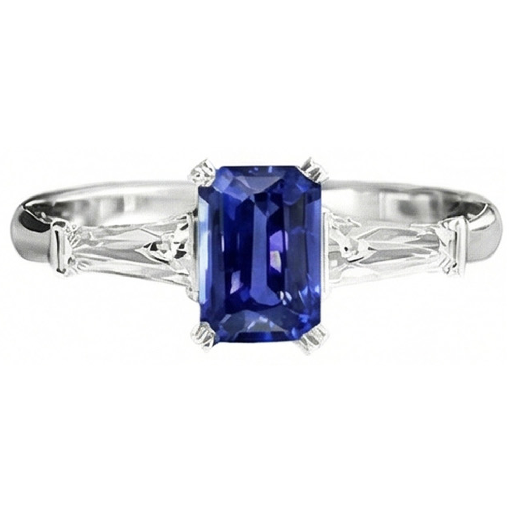 Three Stone Ring Emerald Shaped Srilanka Sapphire 2 Carats
