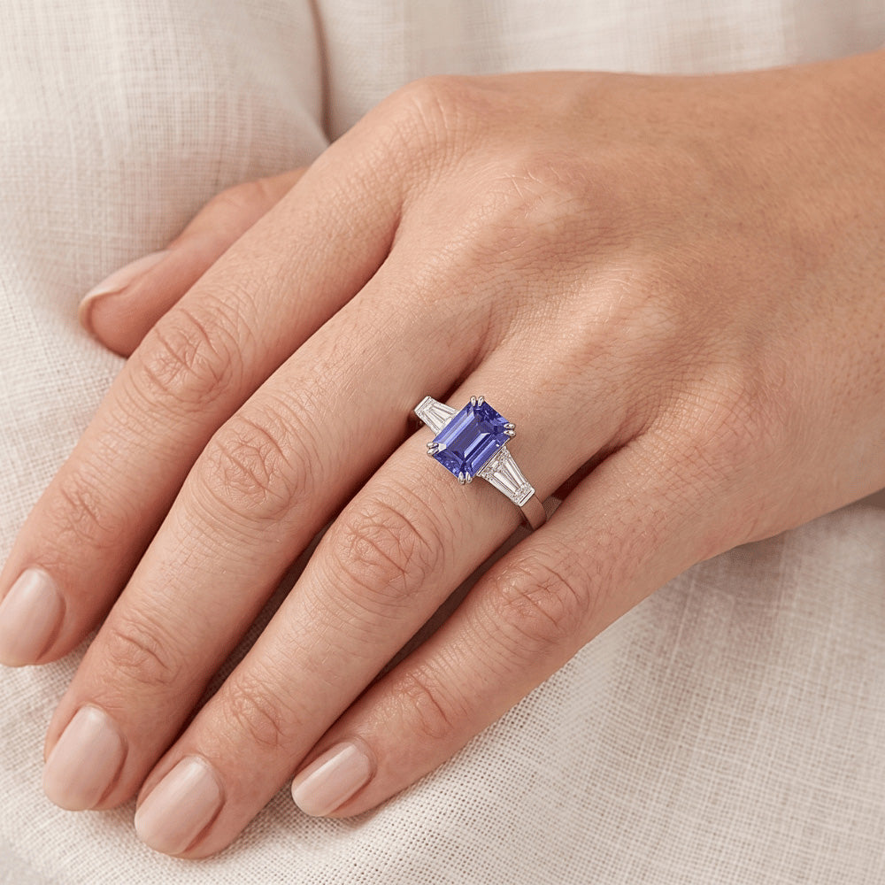Three Stone Ring Emerald Shaped Srilanka Sapphire 2 Carats
