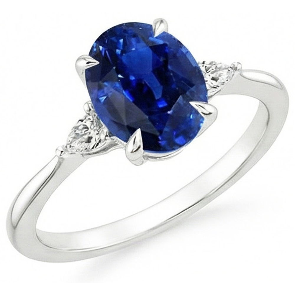 Three Stone Ring Oval Sri Lankan Sapphire & Pear Natural Earth Mined Diamond ( Not Lab Grown )s 2.50 Carats