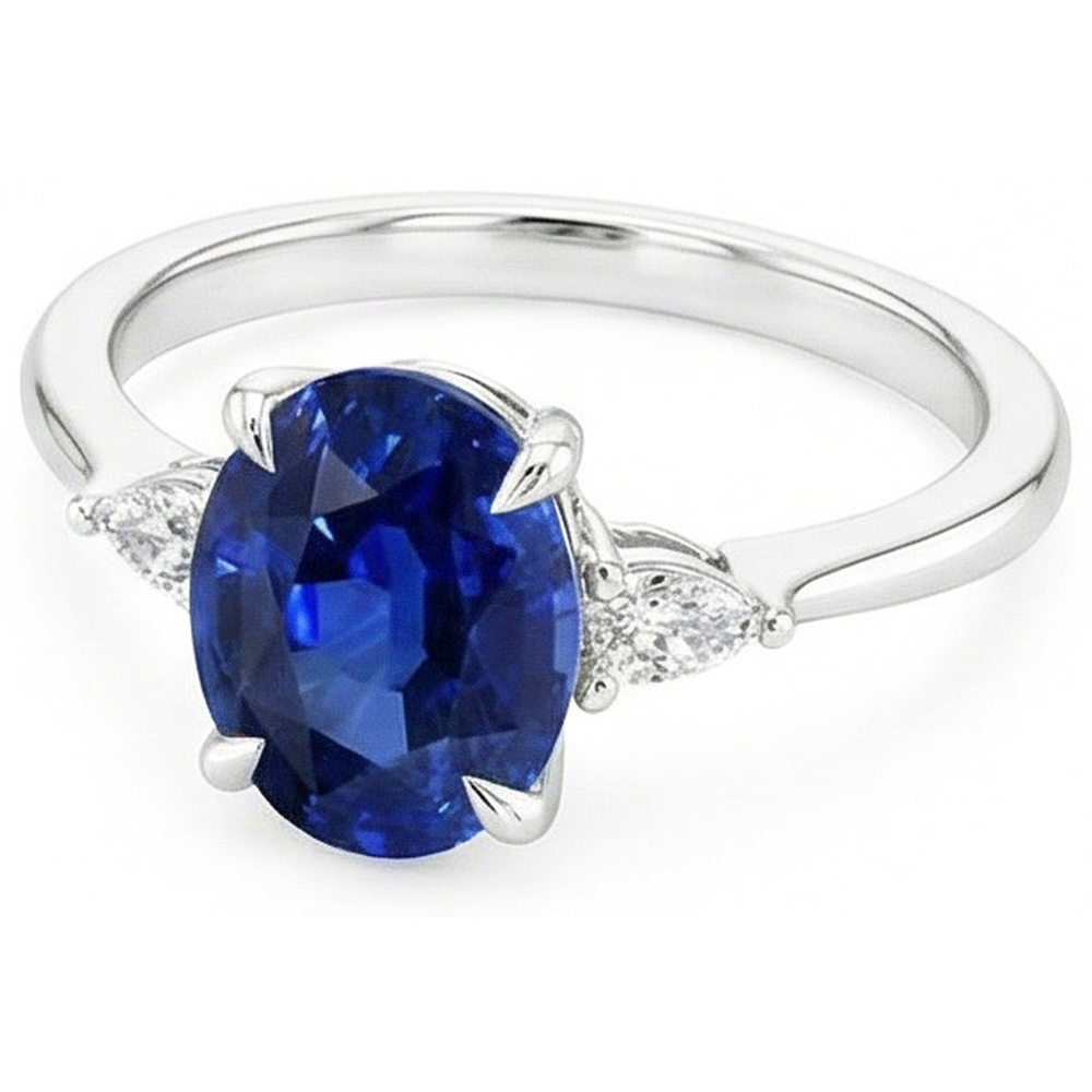 Three Stone Ring Oval Sri Lankan Sapphire & Pear Natural Earth Mined Diamond ( Not Lab Grown )s 2.50 Carats