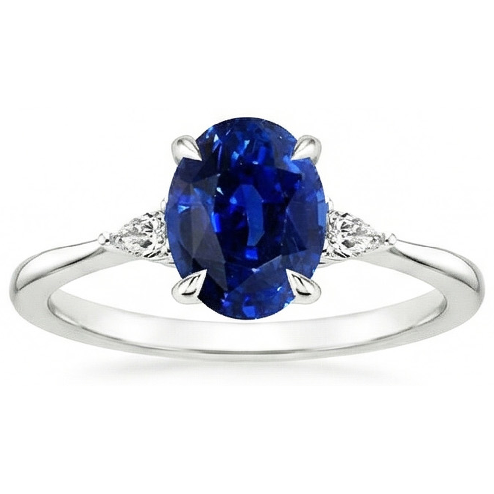Three Stone Ring Oval Sri Lankan Sapphire & Pear Natural Earth Mined Diamond ( Not Lab Grown )s 2.50 Carats