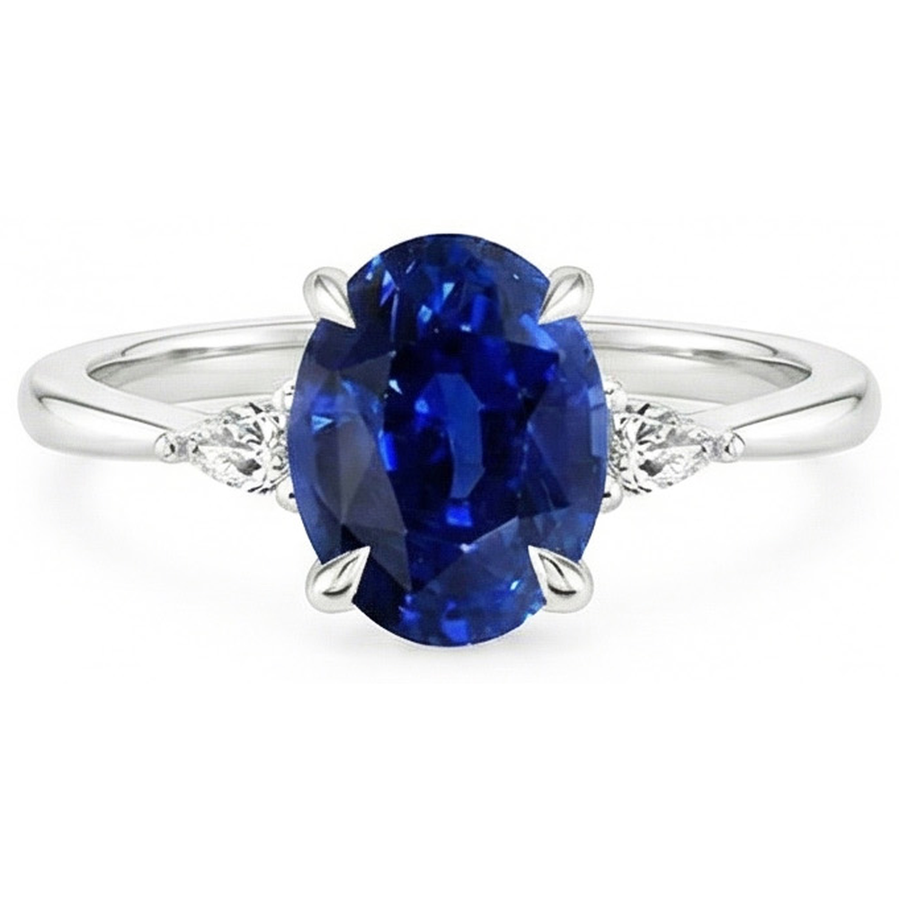 Three Stone Ring Oval Sri Lankan Sapphire & Pear Natural Earth Mined Diamond ( Not Lab Grown )s 2.50 Carats