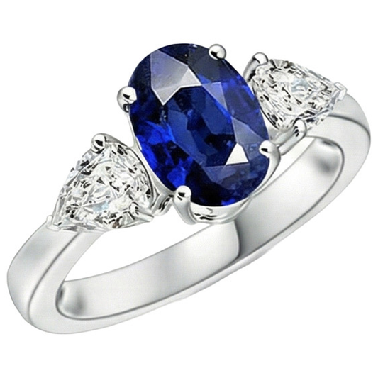 Three Stone Ring Oval Sri Lankan Sapphire & Pear Natural Earth Mined Diamond ( Not Lab Grown )s 5.50 Carats