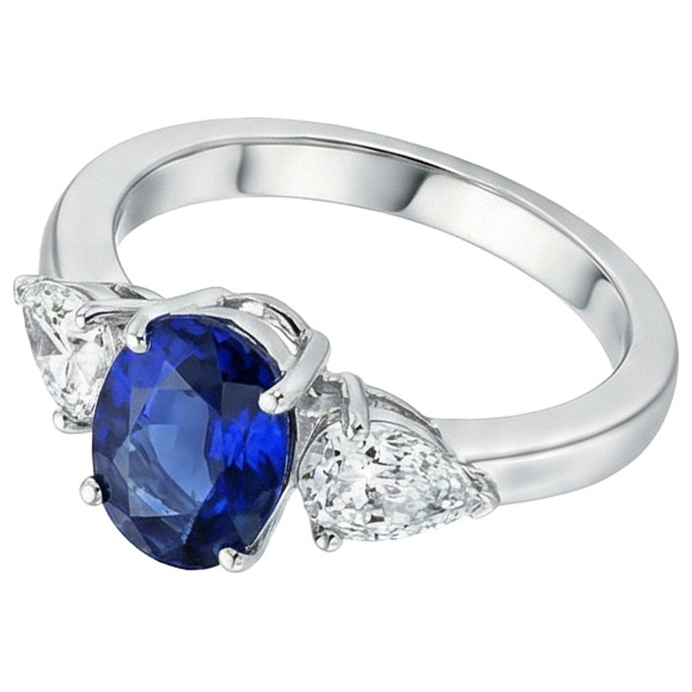 Three Stone Ring Oval Sri Lankan Sapphire & Pear Natural Earth Mined Diamond ( Not Lab Grown )s 5.50 Carats