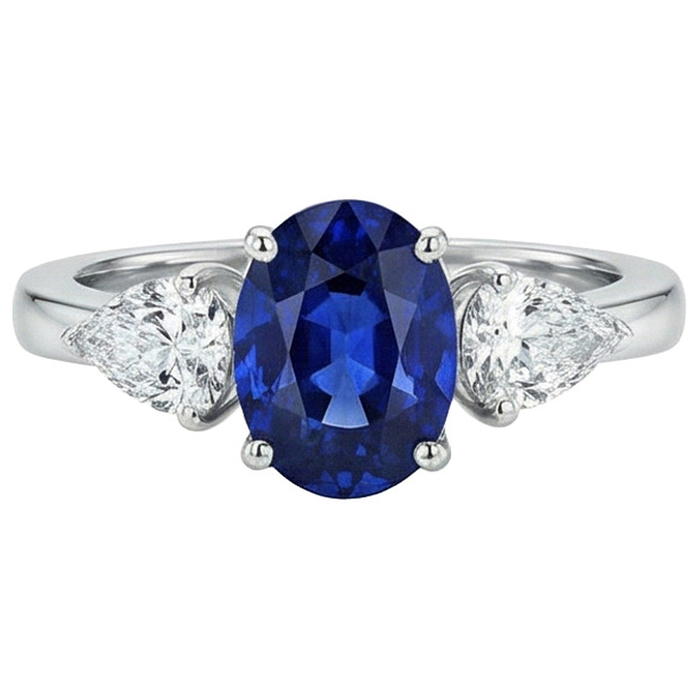 Three Stone Ring Oval Sri Lankan Sapphire & Pear Natural Earth Mined Diamond ( Not Lab Grown )s 5.50 Carats