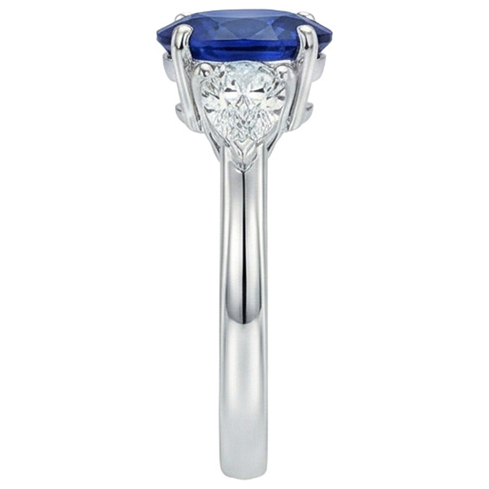 Three Stone Ring Oval Sri Lankan Sapphire & Pear Natural Earth Mined Diamond ( Not Lab Grown )s 5.50 Carats