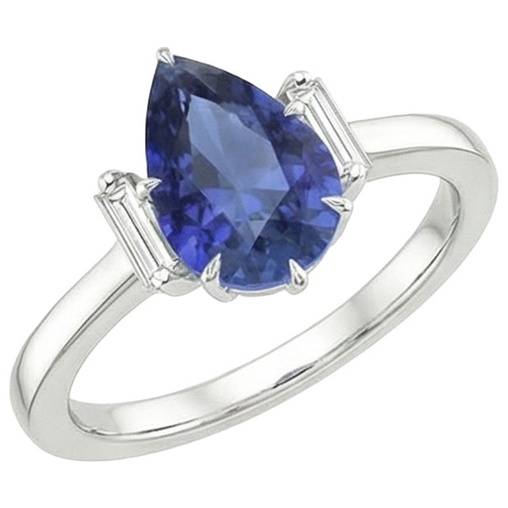 Three Stone Ring Pear Sri Lankan Sapphire & Baguette Natural Earth Mined Diamond ( Not Lab Grown )s 3 Carats
