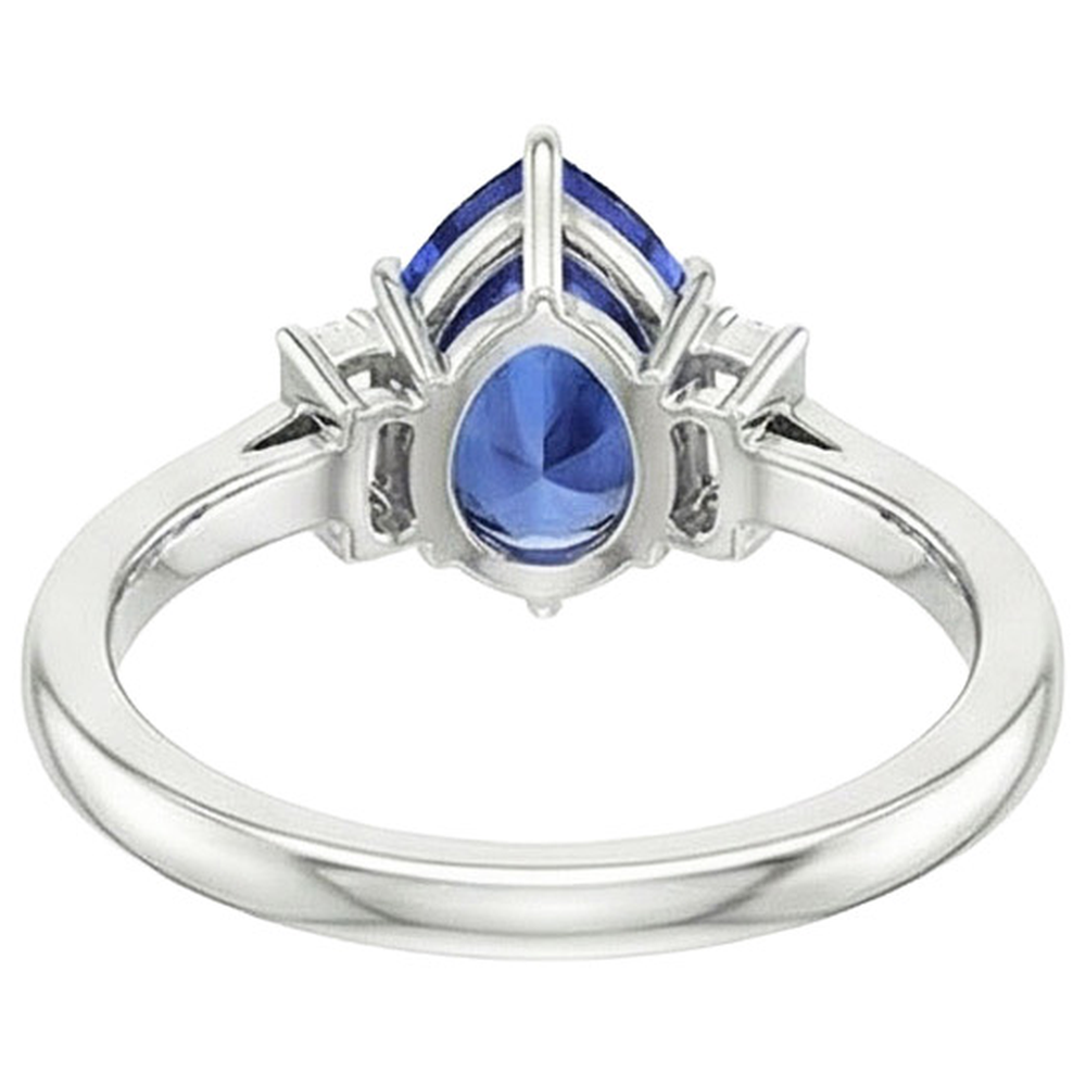 Three Stone Ring Pear Sri Lankan Sapphire & Baguette Natural Earth Mined Diamond ( Not Lab Grown )s 3 Carats
