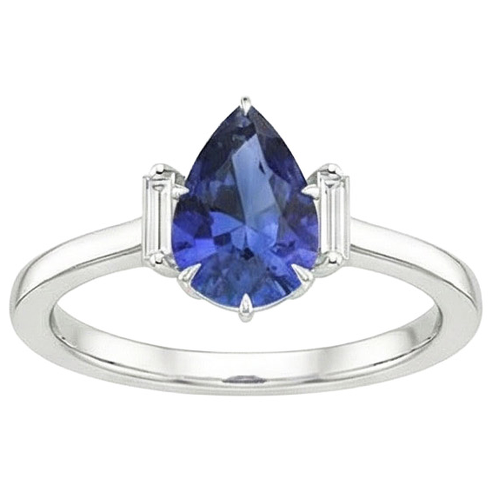 Three Stone Ring Pear Sri Lankan Sapphire & Baguette Natural Earth Mined Diamond ( Not Lab Grown )s 3 Carats