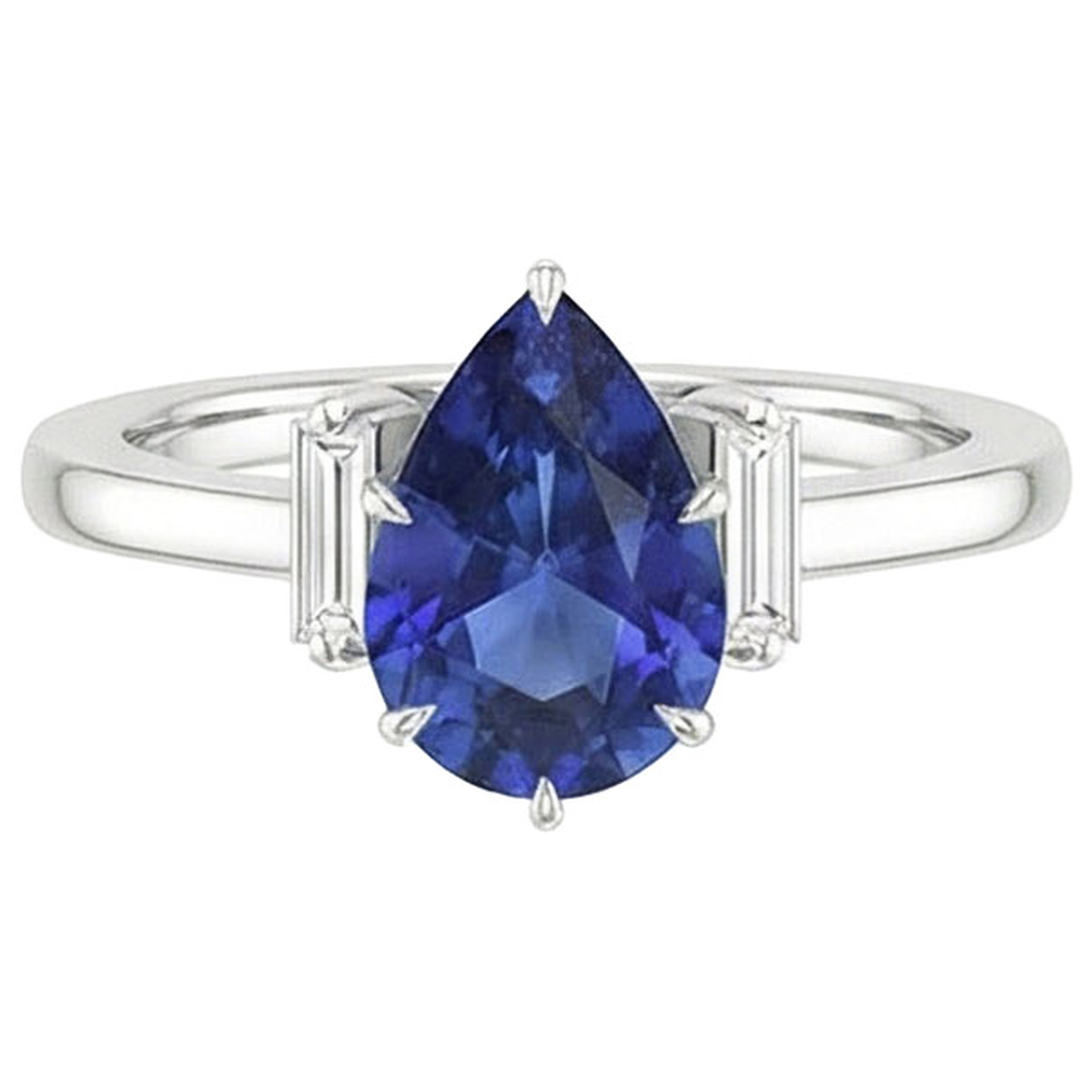 Three Stone Ring Pear Sri Lankan Sapphire & Baguette Natural Earth Mined Diamond ( Not Lab Grown )s 3 Carats