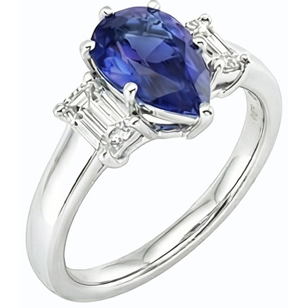 Three Stone Ring Pear SriLanka Sapphire 2 Carats & Emerald Natural Earth Mined Diamond ( Not Lab Grown )s