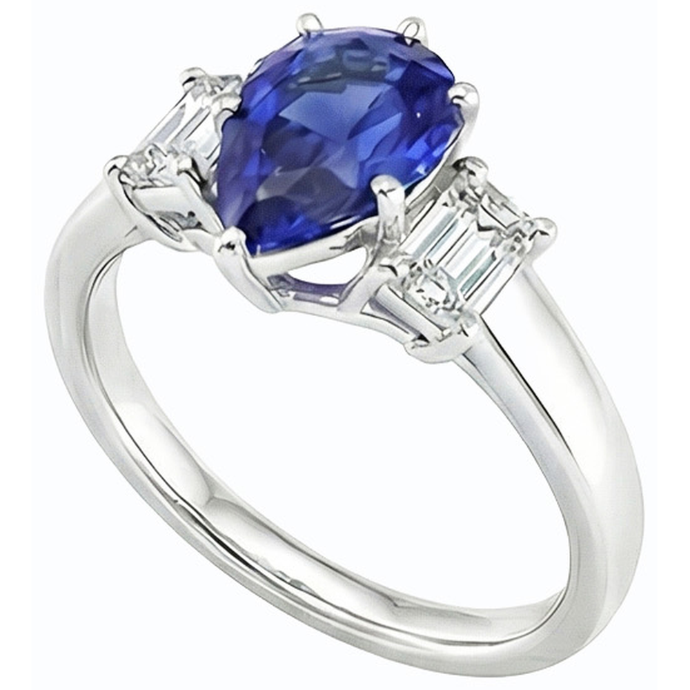 Three Stone Ring Pear SriLanka Sapphire 2 Carats & Emerald Natural Earth Mined Diamond ( Not Lab Grown )s