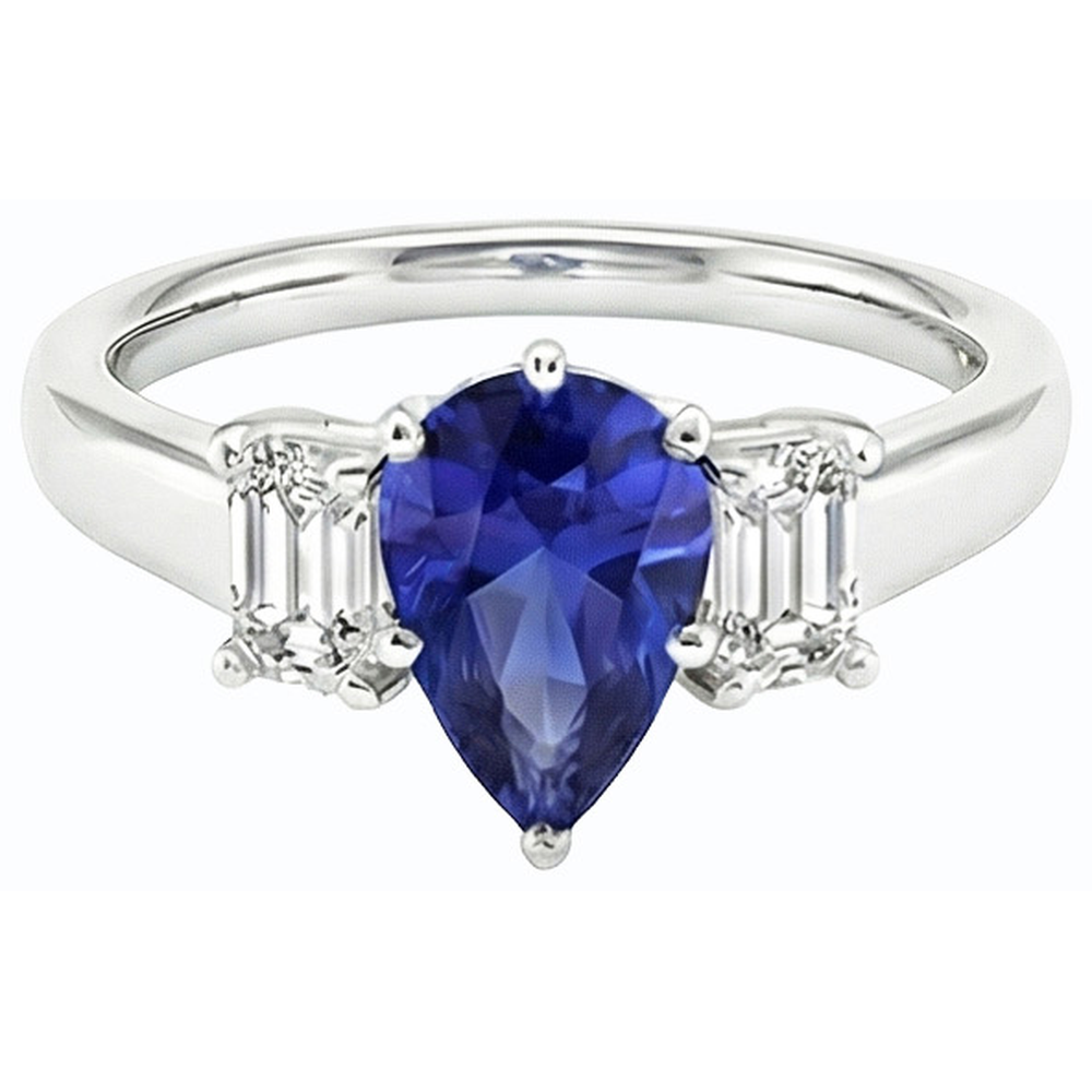 Three Stone Ring Pear SriLanka Sapphire 2 Carats & Emerald Natural Earth Mined Diamond ( Not Lab Grown )s