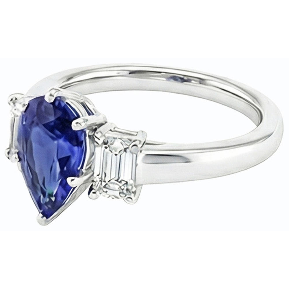 Three Stone Ring Pear SriLanka Sapphire 2 Carats & Emerald Natural Earth Mined Diamond ( Not Lab Grown )s