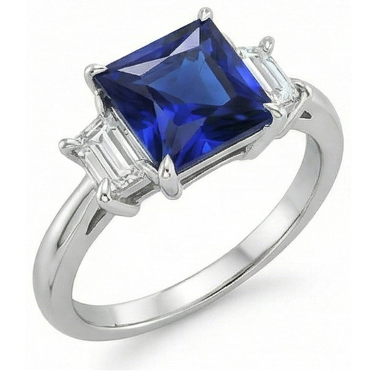 Three Stone Ring Princess Ceylon Sapphire and Natural Earth Mined Diamond ( Not Lab Grown ) 5.25 Carat