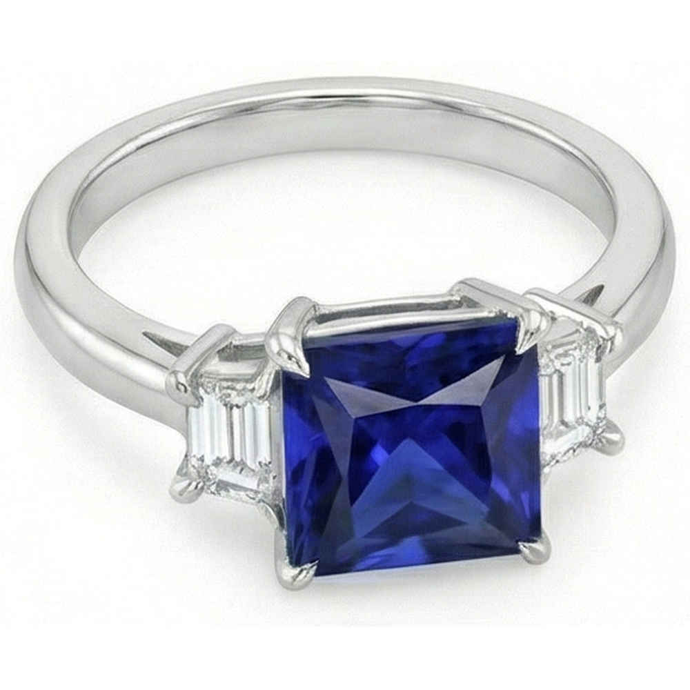 Three Stone Ring Princess Ceylon Sapphire and Natural Earth Mined Diamond ( Not Lab Grown ) 5.25 Carat
