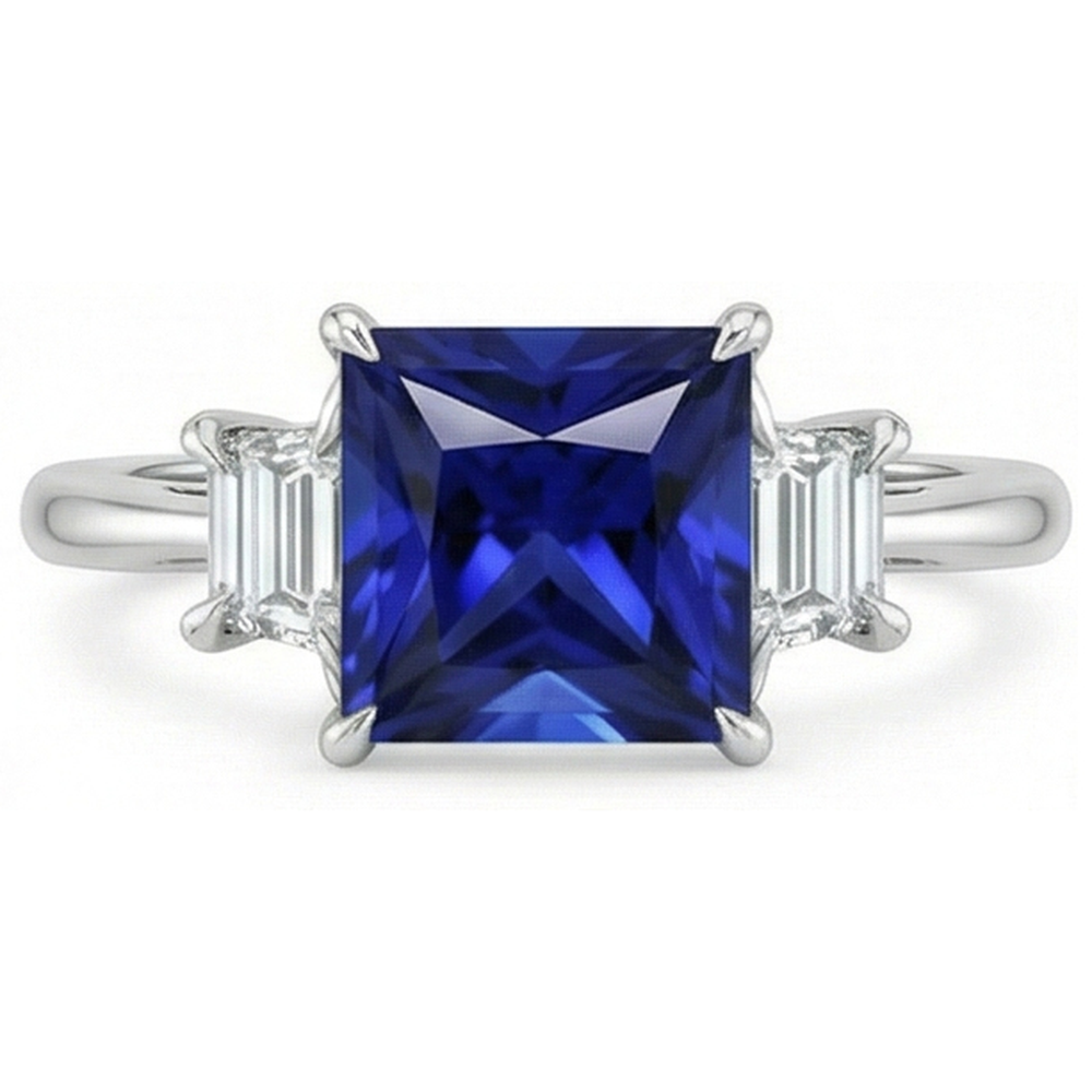 Three Stone Ring Princess Ceylon Sapphire and Natural Earth Mined Diamond ( Not Lab Grown ) 5.25 Carat