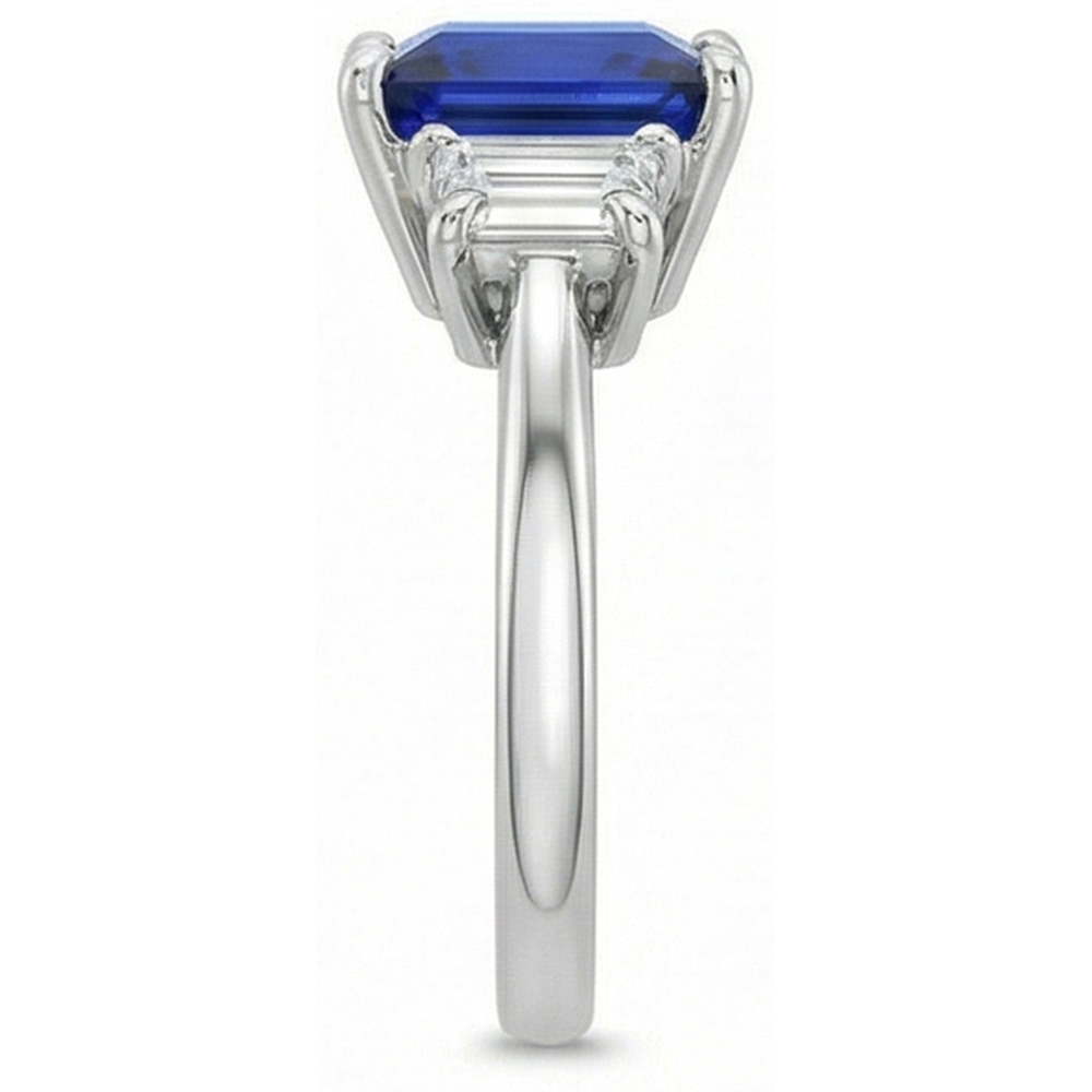 Three Stone Ring Princess Ceylon Sapphire and Natural Earth Mined Diamond ( Not Lab Grown ) 5.25 Carat