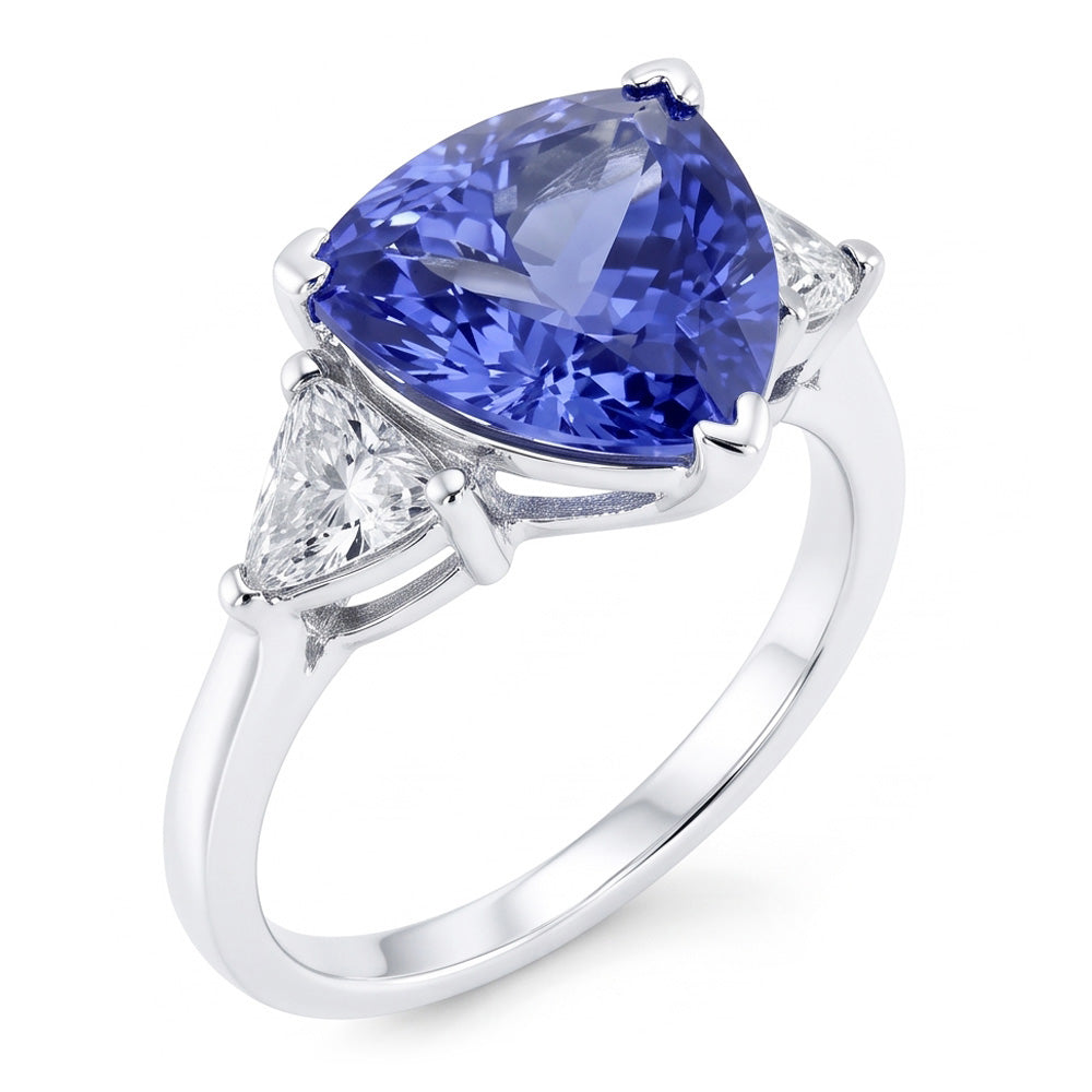 Three Stone Ring Trilliant Cut Blue Natural Earth Mined Diamond ( Not Lab Grown )  Gemstone 6.5 Carats WG 14K