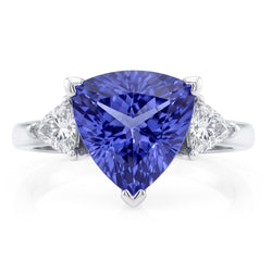 Three Stone Ring Trilliant Cut Blue Natural Earth Mined Diamond ( Not Lab Grown )  Gemstone 6.5 Carats WG 14K