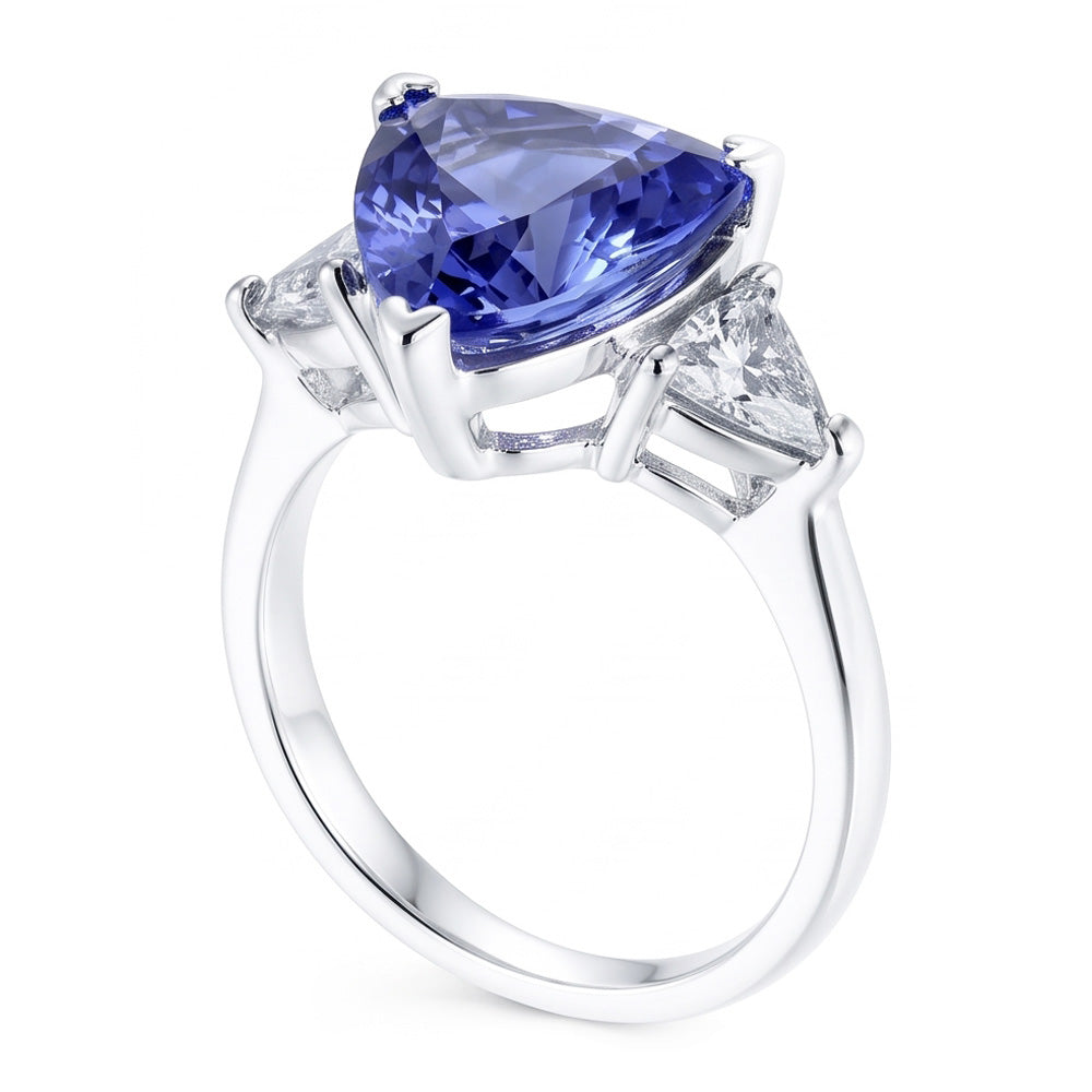 Three Stone Ring Trilliant Cut Blue Natural Earth Mined Diamond ( Not Lab Grown )  Gemstone 6.5 Carats WG 14K