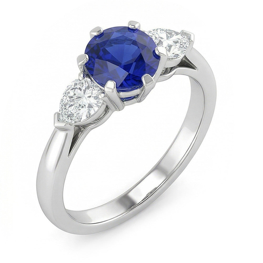 Three Stone Round Blue Sapphire Ring & Pear Natural Earth Mined Diamond ( Not Lab Grown )s 1.25 Carats