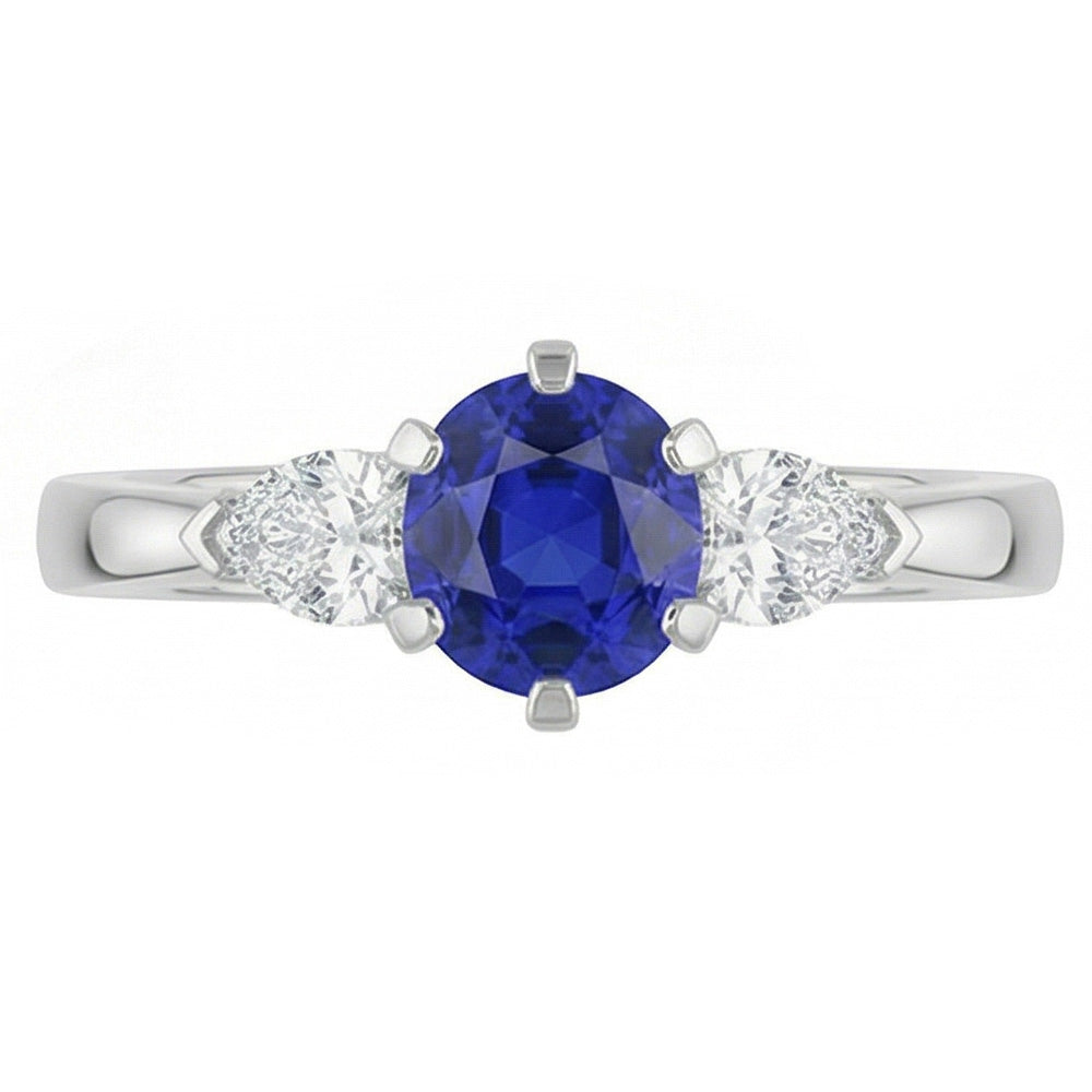 Three Stone Round Blue Sapphire Ring & Pear Natural Earth Mined Diamond ( Not Lab Grown )s 1.25 Carats