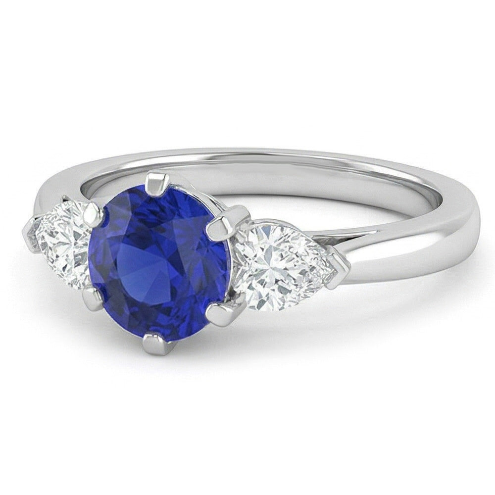 Three Stone Round Blue Sapphire Ring & Pear Natural Earth Mined Diamond ( Not Lab Grown )s 1.25 Carats
