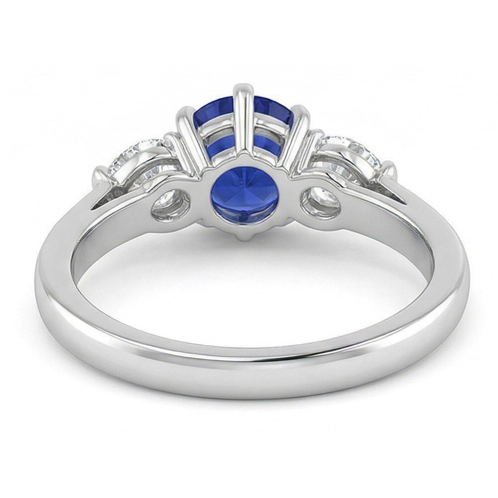 Three Stone Round Blue Sapphire Ring & Pear Natural Earth Mined Diamond ( Not Lab Grown )s 1.25 Carats