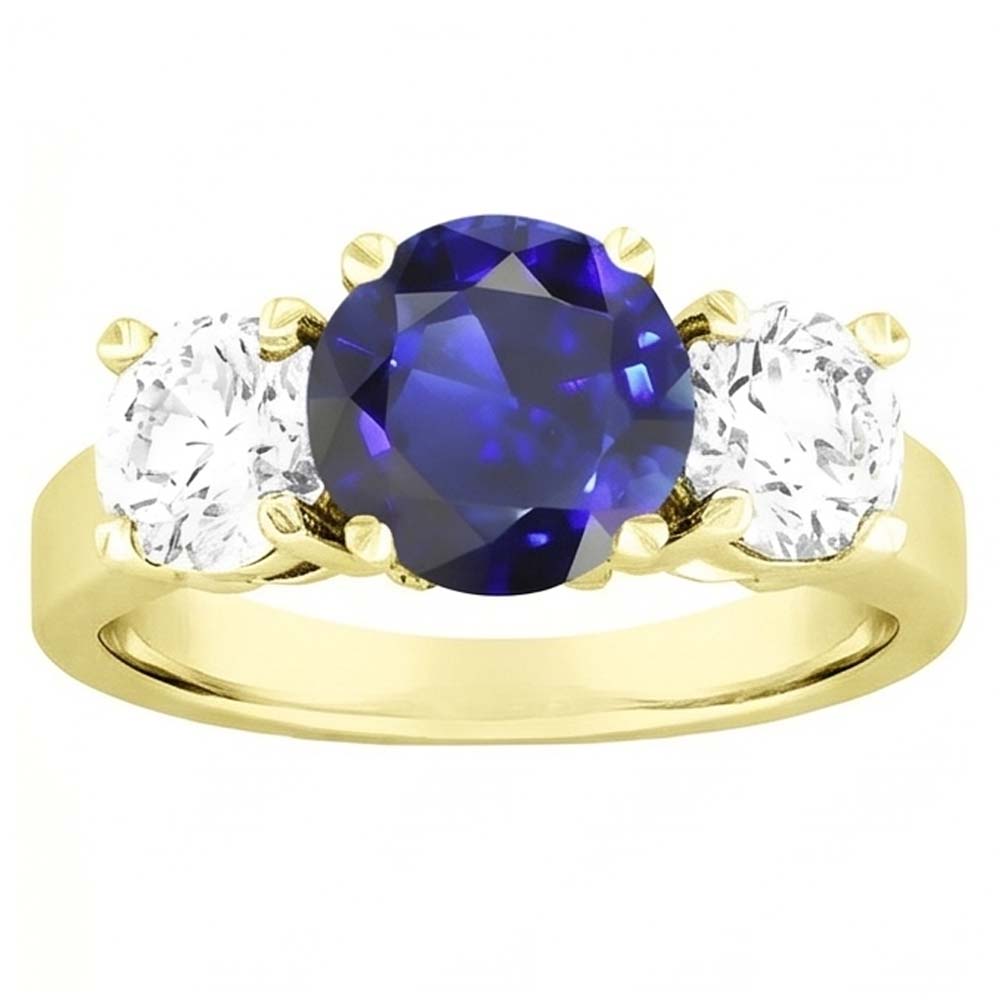 Three Stone Round Blue Sapphire & Natural Earth Mined Diamond ( Not Lab Grown ) Ring 5 Carats Jewelry