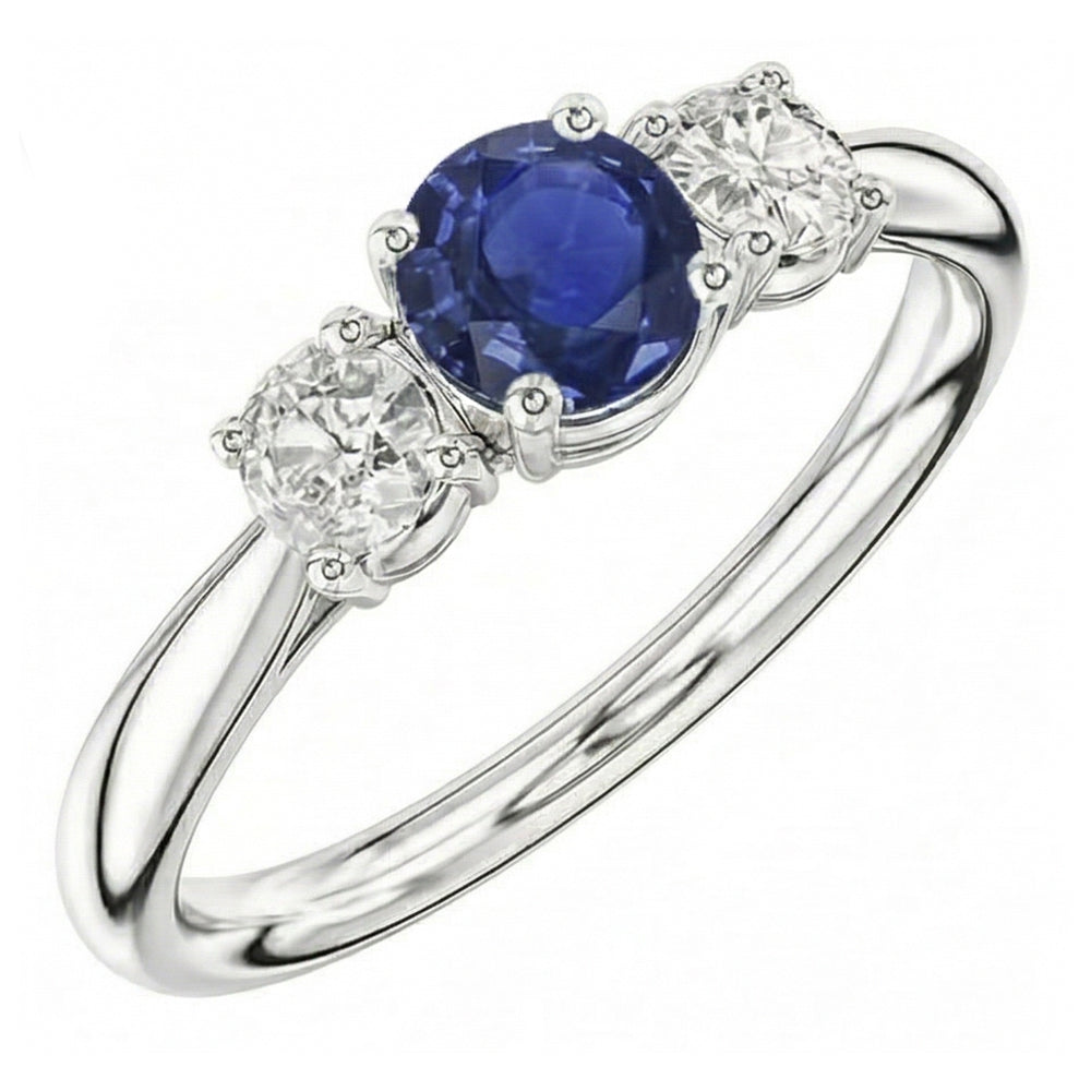 Three Stone Round Blue Sapphire & Natural Earth Mined Diamond ( Not Lab Grown ) Ring Jewelry 1.50 Carats