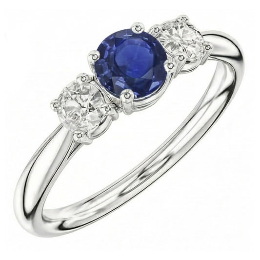 Three Stone Round Blue Sapphire & Natural Earth Mined Diamond ( Not Lab Grown ) Ring Jewelry 1.50 Carats