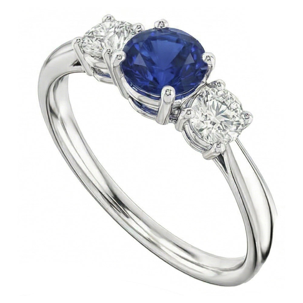 Three Stone Round Blue Sapphire & Natural Earth Mined Diamond ( Not Lab Grown ) Ring Jewelry 1.50 Carats