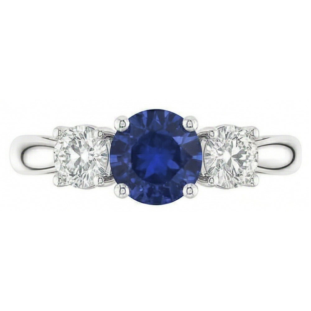 Three Stone Round Blue Sapphire & Natural Earth Mined Diamond ( Not Lab Grown ) Ring Jewelry 1.50 Carats