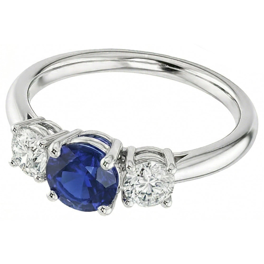 Three Stone Round Blue Sapphire & Natural Earth Mined Diamond ( Not Lab Grown ) Ring Jewelry 1.50 Carats