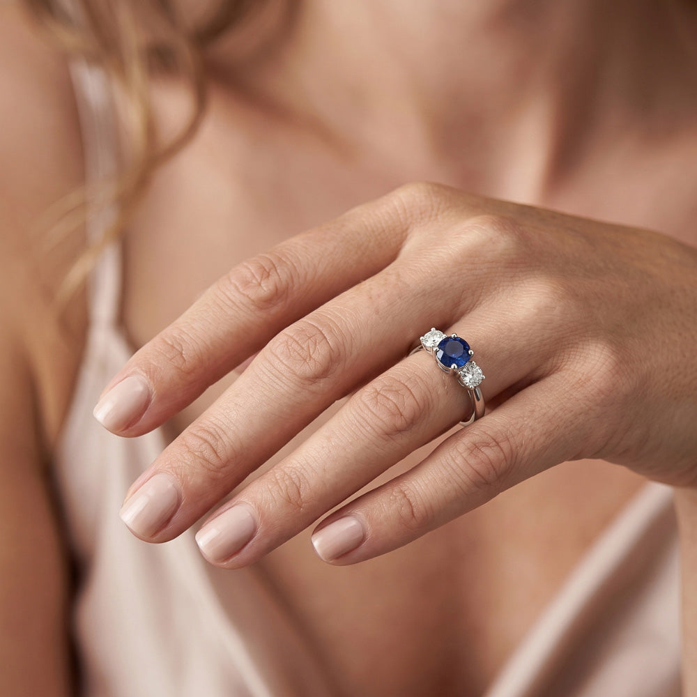 Three Stone Round Blue Sapphire & Natural Earth Mined Diamond ( Not Lab Grown ) Ring Jewelry 1.50 Carats