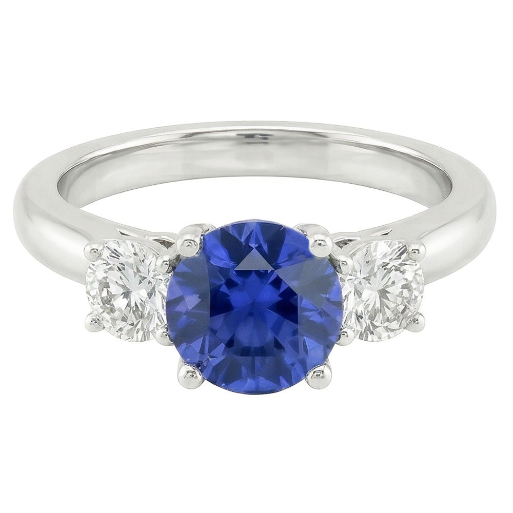 Three Stone Round Natural Earth Mined Diamond ( Not Lab Grown ) Engagement Ring Srilanka Sapphire 3 Carats