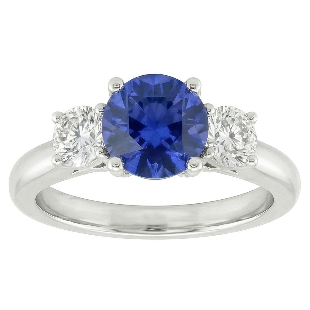 Three Stone Round Natural Earth Mined Diamond ( Not Lab Grown ) Engagement Ring Srilanka Sapphire 3 Carats