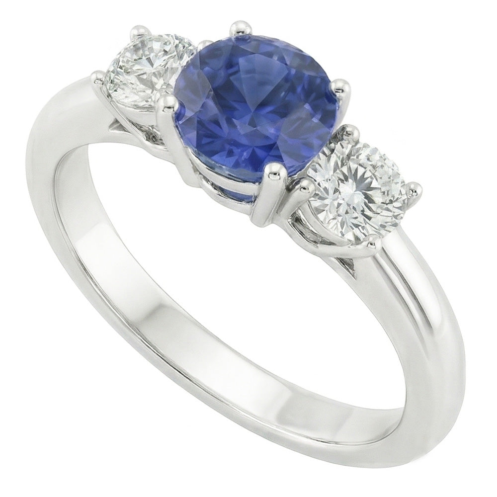 Three Stone Round Natural Earth Mined Diamond ( Not Lab Grown ) Engagement Ring Srilanka Sapphire 3 Carats