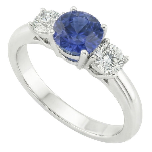 Three Stone Round Natural Earth Mined Diamond ( Not Lab Grown ) Engagement Ring Srilanka Sapphire 3 Carats