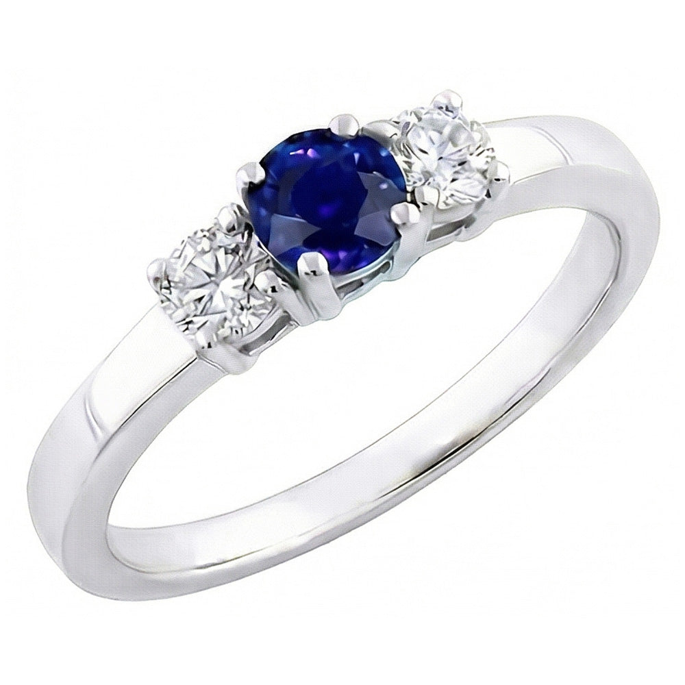 Three Stone Round Natural Earth Mined Diamond ( Not Lab Grown ) Ring 1.50 Carats Ceylon Sapphire Gemstone