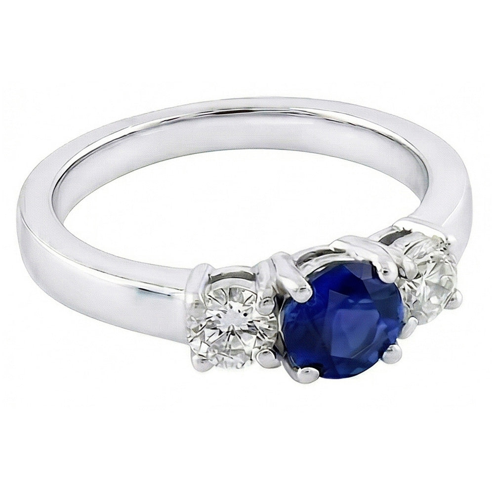 Three Stone Round Natural Earth Mined Diamond ( Not Lab Grown ) Ring 1.50 Carats Ceylon Sapphire Gemstone