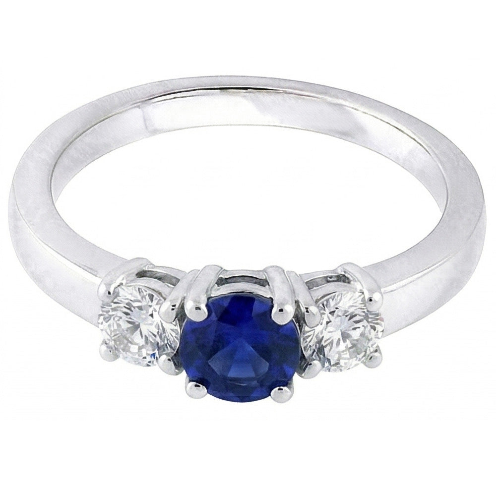 Three Stone Round Natural Earth Mined Diamond ( Not Lab Grown ) Ring 1.50 Carats Ceylon Sapphire Gemstone
