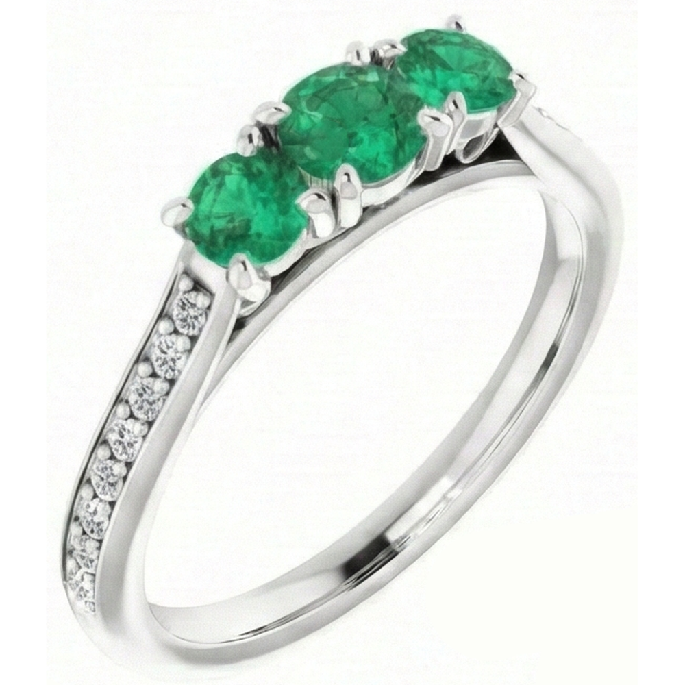 Three Stone Style Natural Earth Mined Diamond ( Not Lab Grown ) Green Emerald Engagement Ring 1.10 Carats