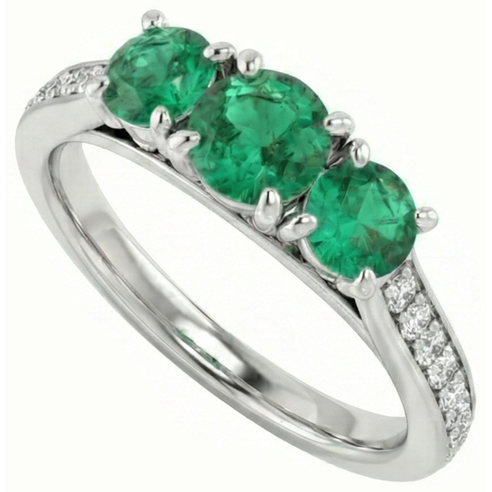 Three Stone Style Natural Earth Mined Diamond ( Not Lab Grown ) Green Emerald Engagement Ring 1.10 Carats