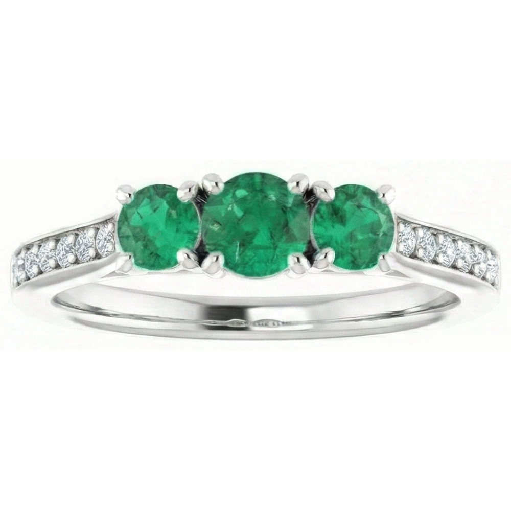 Three Stone Style Natural Earth Mined Diamond ( Not Lab Grown ) Green Emerald Engagement Ring 1.10 Carats