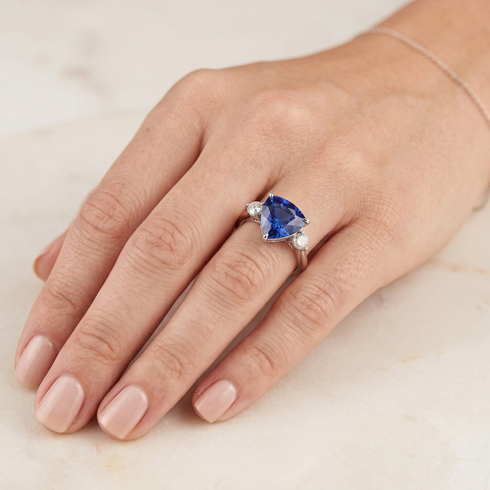 Three Stone Trillion Ceylon Sapphire Ring 2.25 Carats Round Natural Earth Mined Diamond ( Not Lab Grown )s