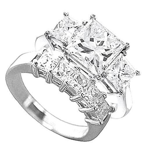 Three-Stone 2.5 Carat Princess Cut Real Diamond WG 18K Engagement Ring Set