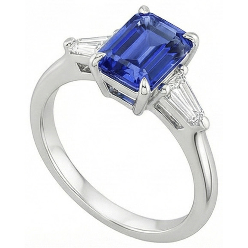 Three Stones Ring White Gold Ceylon Sapphire & Natural Earth Mined Diamond 3.50 Carats